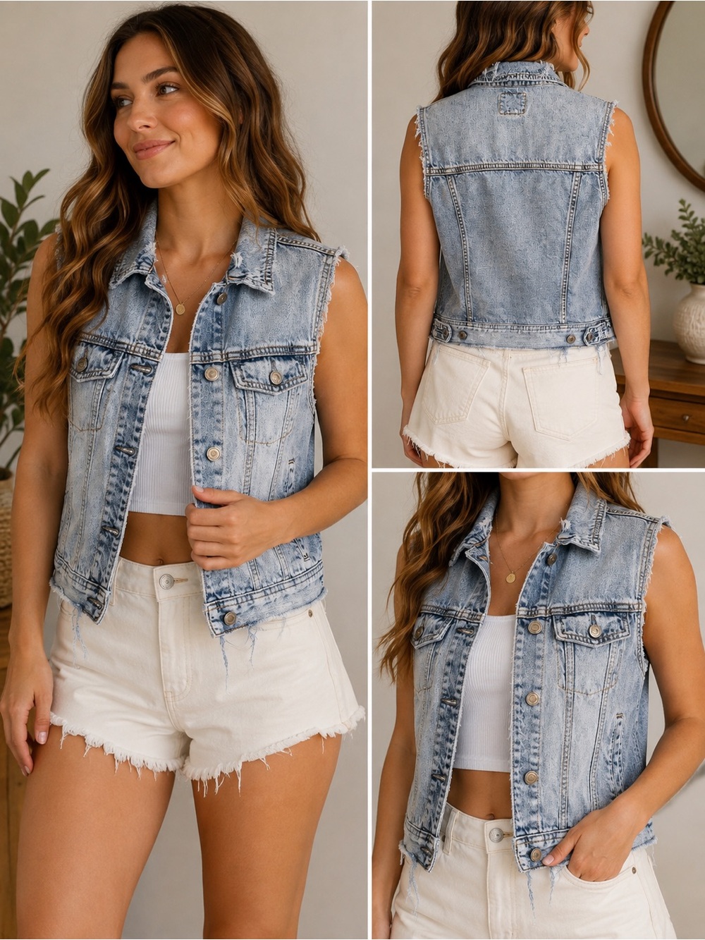 American Eagle Distressed Denim Vest Women’s Medium Light Wash Raw Hem
